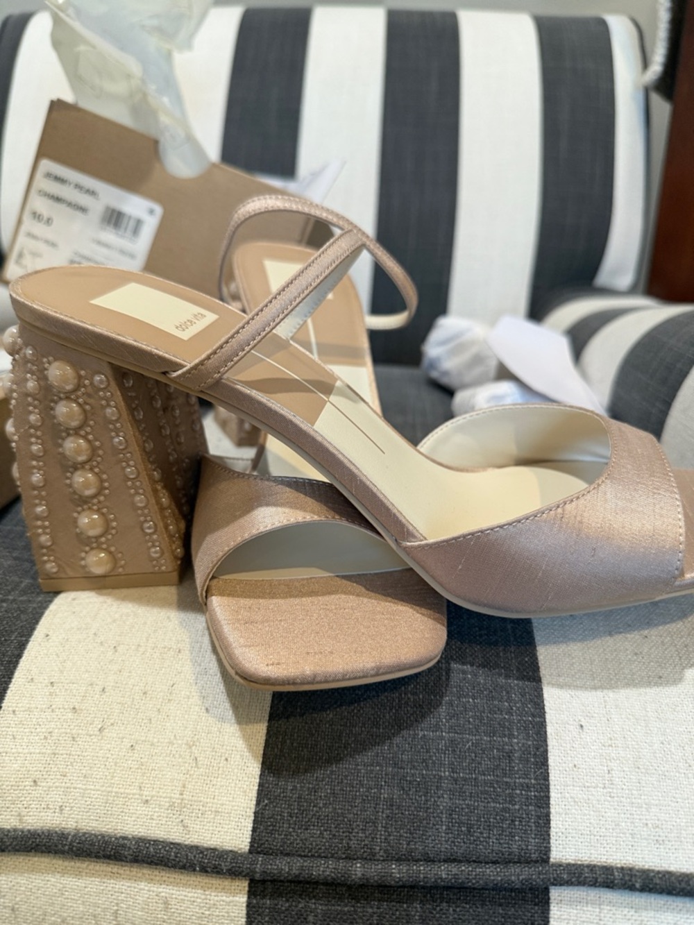 Dolce Vita Pearl-Embellished Blush Satin Block Heel Sandals